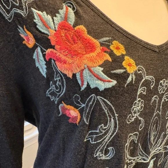 Charcoal grey tunic with pink, yellow, and turquoise floral embroidery. - Picture 3 of 4